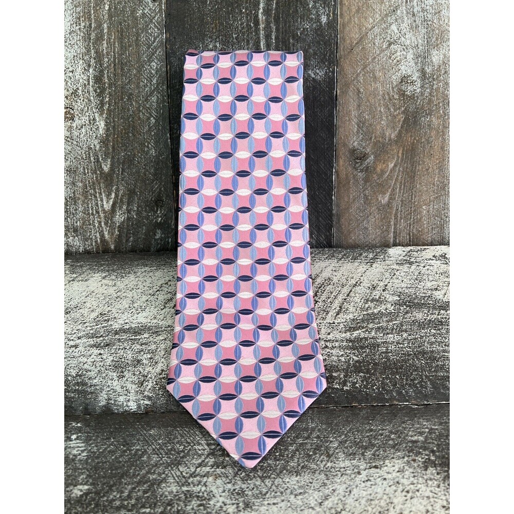Daniel Cremieux Pink BlueGeometric 100% Silk Neck Tie Hand Made Breast Cancer